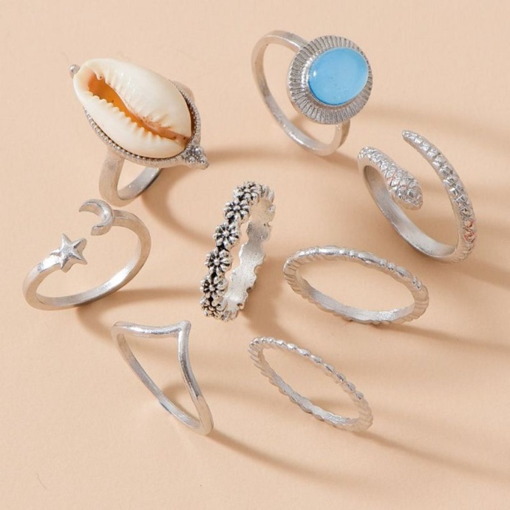 New Adorable Mother's Aqua Blue Silver Ring Set 8p - Picture 2 of 4